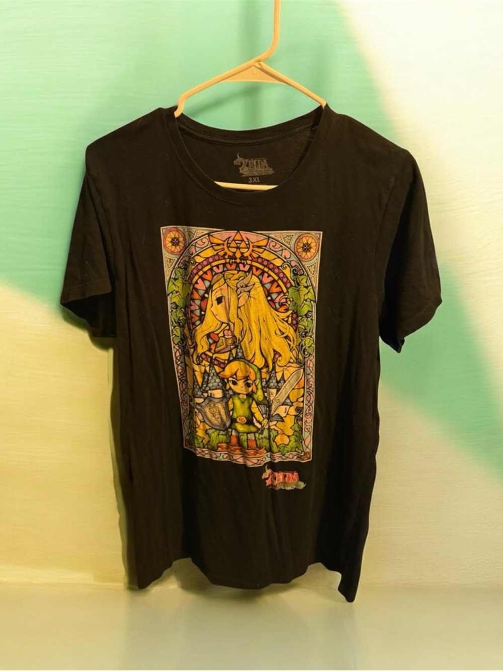 Black Zelda Graphic Tee with Colorful Stained-Glass Fantasy Print